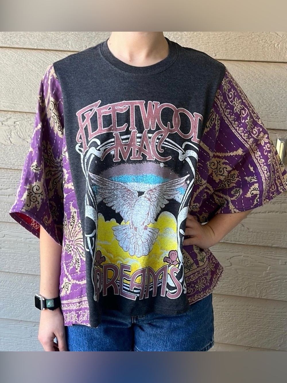 Fleetwood Mac Graphic Tee with Upcycled Purple Kantha Sleeves